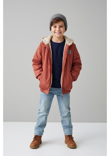 Classic Peluş Astarlı Fermuarlı Unisex Çocuk mevsimlik mont - Kiremit
