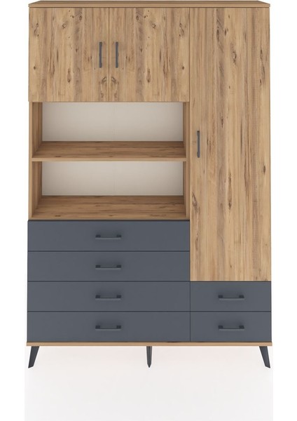 Arges Dolap 9 Raflı 6 Çekmeceli 3 Kapaklı 132X30X195 Çam-Çam/antrasit
