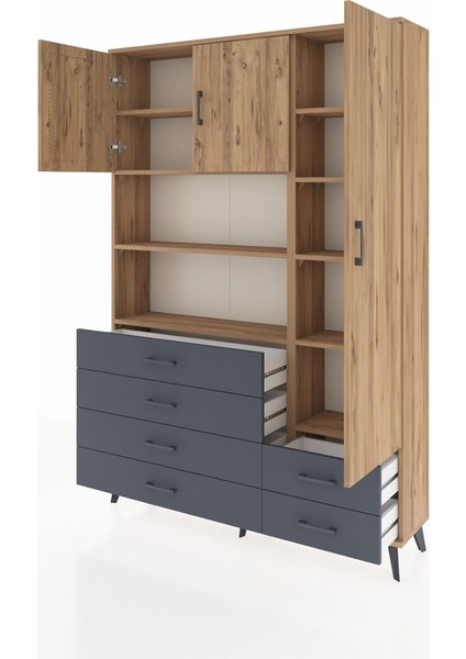 Arges Dolap 9 Raflı 6 Çekmeceli 3 Kapaklı 132X30X195 Çam-Çam/antrasit modelleri