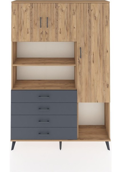 Arges Dolap 8 Raflı 4 Çekmeceli 3 Kapaklı 132X30X195 Çam-Çam/antrasit