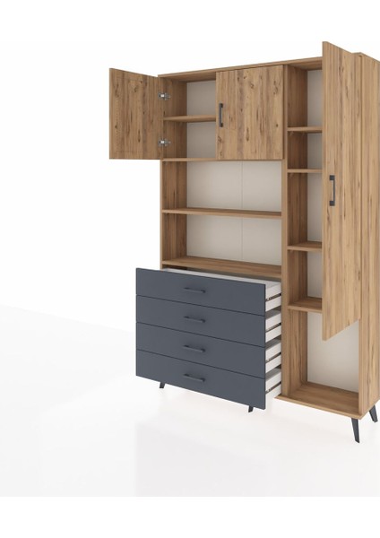 Arges Dolap 8 Raflı 4 Çekmeceli 3 Kapaklı 132X30X195 Çam-Çam/antrasit modelleri