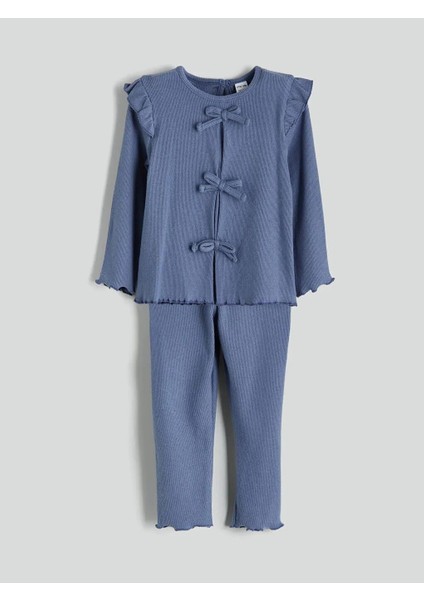 Indigo Fırfırlı Kız Bebek Bluz ve Pantolon 2'li Takım (W5)