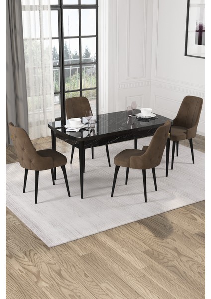 Nice Siyah Mermer Desen 80X132 Açılabilir Mdf Masa Yemek Odası Takımı, Mutfak Takımı 4 Adet Sandalye