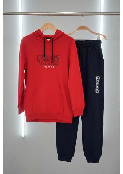 Dragon Ball Z Baskılı Kırmızı Kapüşonlu Sweatshirt ve Lacivert Eşofman Takımı