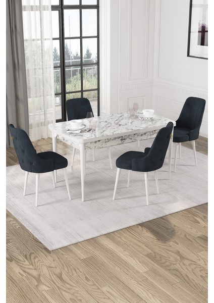 Nice Beyaz Mermer Desen 80X132 Açılabilir Mdf Masa Yemek Odası Takımı, Mutfak Takımı 4 Adet Sandalye