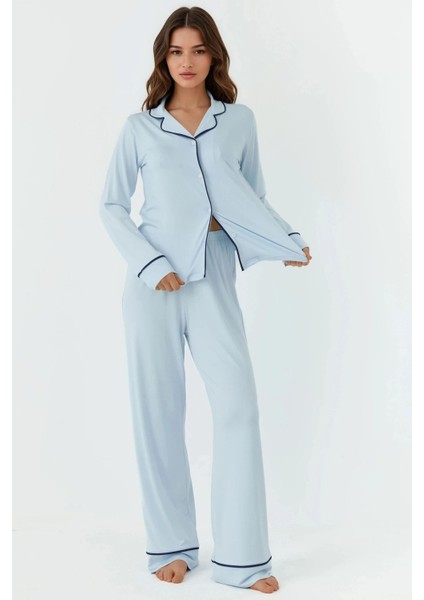 Kadın Gömlek Yakal Ekstra Yumuşak Rahat Kesim Uzun Kollu Pijama Takımı Bebek Mavisi indirimleri
