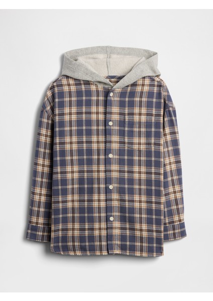 Erkek Çocuk Mavi Relaxed Kapüşonlu Flannel Gömlek