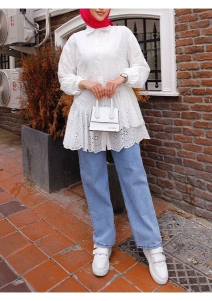 Fırfır ve Fisto Detaylı Inci Düğmeli Gömlek -Beyaz fiyatları