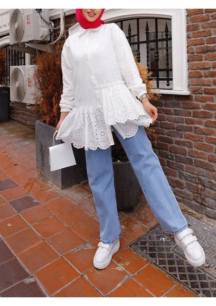 Fırfır ve Fisto Detaylı Inci Düğmeli Gömlek -Beyaz modelleri