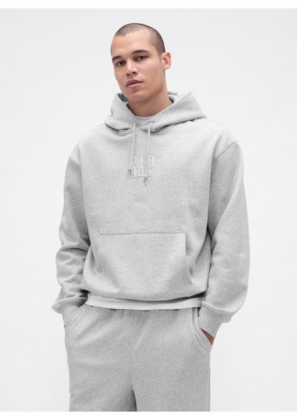 Erkek Gri Heavyweight Oversized Logo Kapüşonlu Sweatshirt
