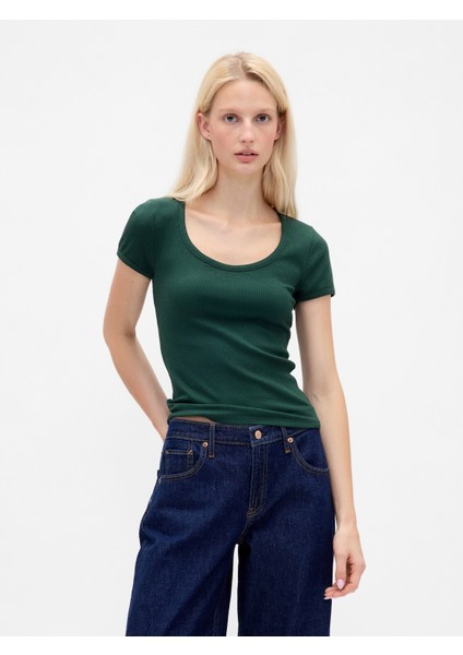 Kadın Yeşil Modern Fitilli Crop T-Shirt