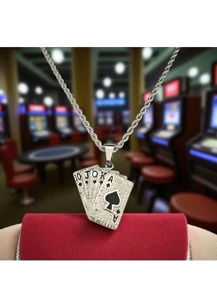 Erkek Hıphop Buzlu Out Oyun Kartı Düz Floş Çelik Kolye