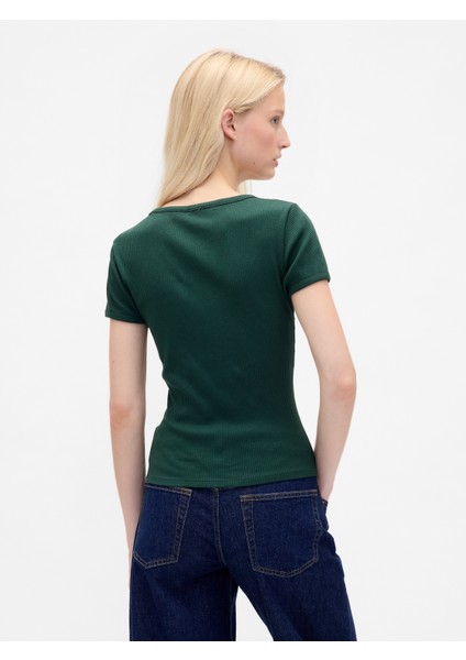 Kadın Yeşil Modern Fitilli Crop T-Shirt fırsatları