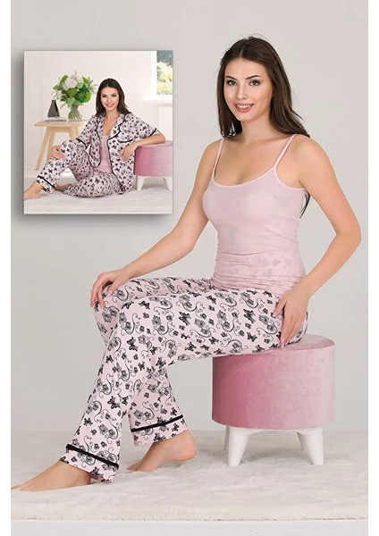 Lady Desenli Viskon Kumaş Kısa Kollu Gömlekli ve Askılı 3 Lü Pijama Takımı fiyatları