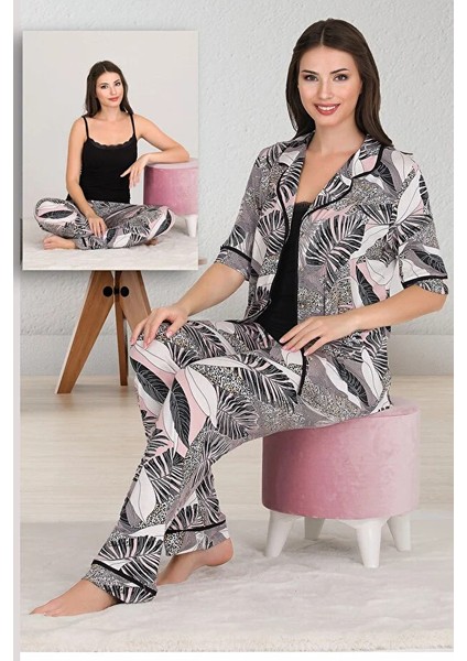 Desenli Viskon Kumaş Kısa Kollu Gömlekli ve Askılı 3 Lü Pijama Takımı