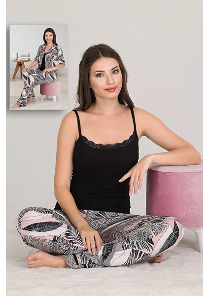 Desenli Viskon Kumaş Kısa Kollu Gömlekli ve Askılı 3 Lü Pijama Takımı fiyatları