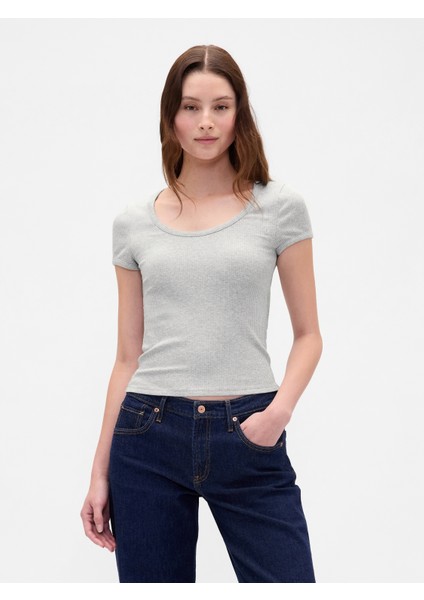 Kadın Gri Modern Fitilli Crop T-Shirt