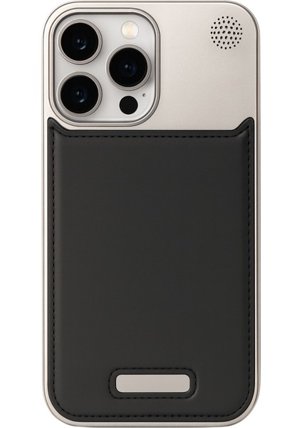 Therock 15 Pro Max Titanyum Gri Magsafe Özellikli Alüminyum Alaşımlı Hakiki Deri,kokulu Metal Kızaklı Telefon Kılıfı