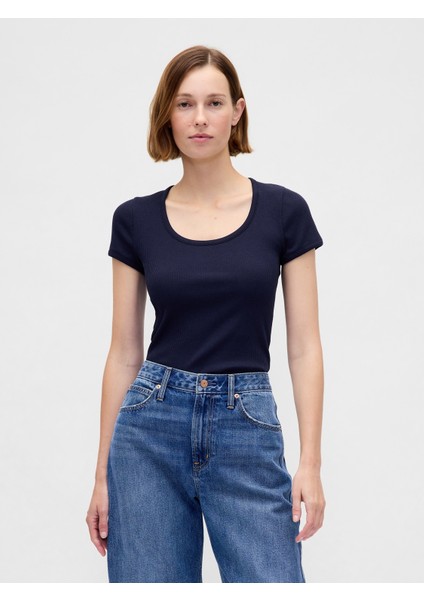 Kadın Lacivert Modern Fitilli Crop T-Shirt