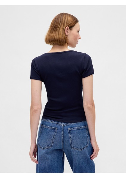 Kadın Lacivert Modern Fitilli Crop T-Shirt fırsatları