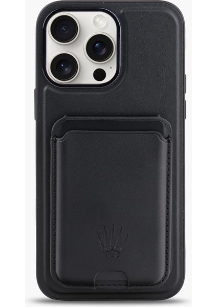 Standlı IPHONE 15 Pro Siyah Deri Telefon Kılıfı