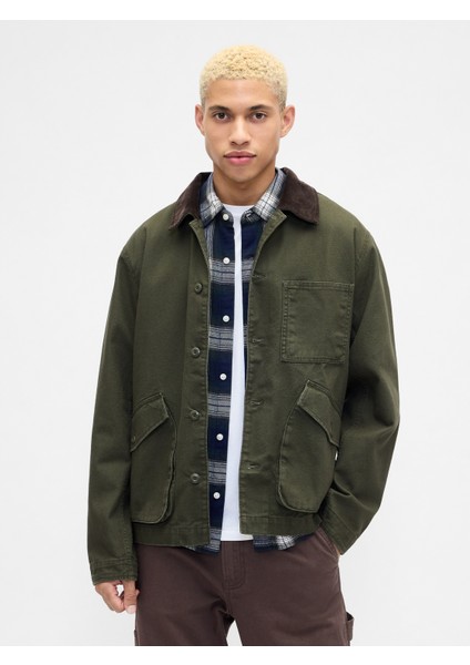 Erkek Haki Relaxed Canvas Barn Ceket