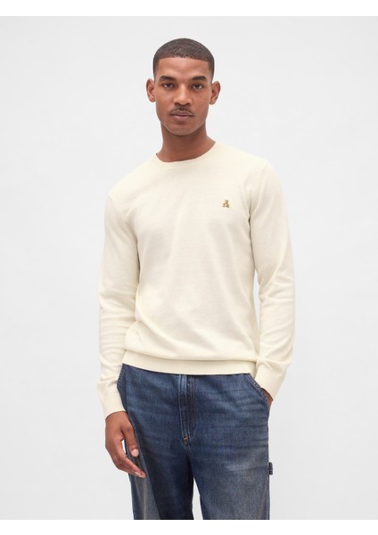 Erkek Kırık Beyaz Pamuk Bisiklet Yaka Kazak