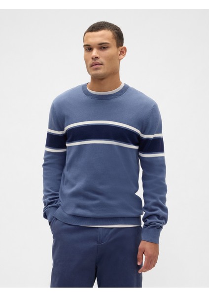 Erkek Mavi Çizgili Bisiklet Yaka Kazak