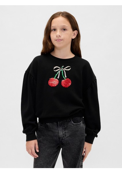 Kız Çocuk Siyah Relaxed Flippy-Sequin Grafikli Sweatshirt