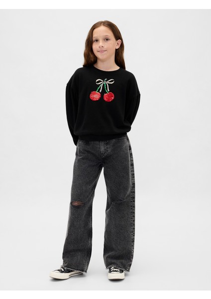 Kız Çocuk Siyah Relaxed Flippy-Sequin Grafikli Sweatshirt modelleri
