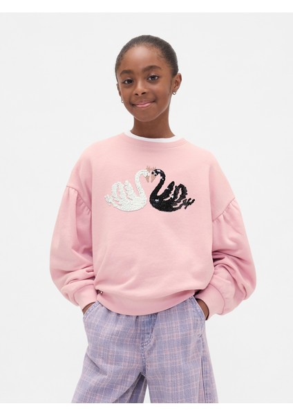 Kız Çocuk Pembe Relaxed Flippy-Sequin Grafikli Sweatshirt