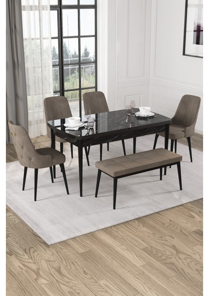 Nice Siyah Mermer Desen 80X132 Açılabilir Mdf Masa Yemek Odası Takımı, Mutfak Takımı 4 Adet Sandalye, 1 Bench