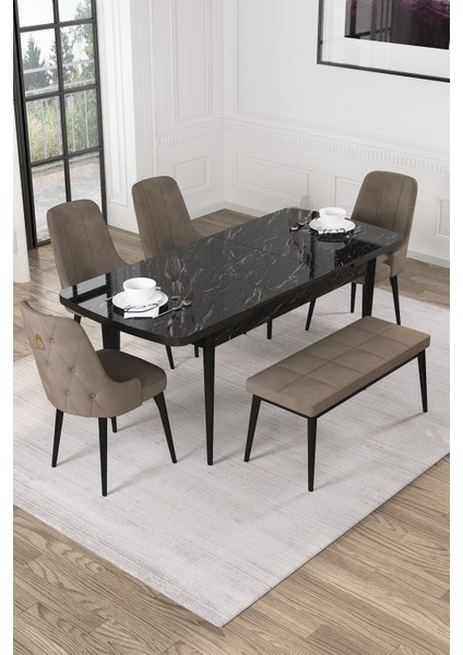 Nice Siyah Mermer Desen 80X132 Açılabilir Mdf Masa Yemek Odası Takımı, Mutfak Takımı 4 Adet Sandalye, 1 Bench fiyatları