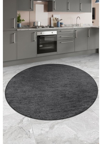 Azra Antrasit Yuvarlak Mutfak Halısı | Yıkanabilir, Kaymaz Taban, Yumuşak Dokulu Antre Kilimi