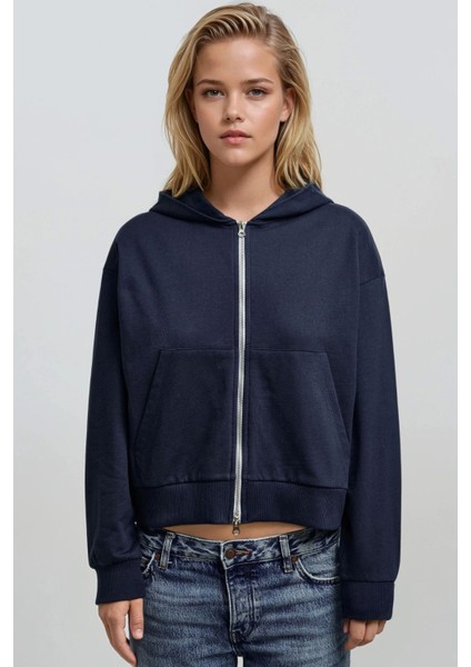 Kadın Büyük Boy Kapüşonlu Fermuarlı Örme Sweatshirt Gece Mavisi indirimleri