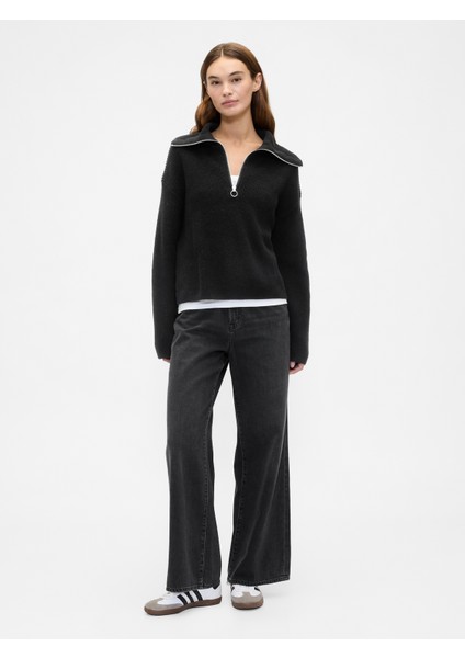 Kadın Siyah Relaxed Çeyrek Fermuarlı Kazak fırsatları