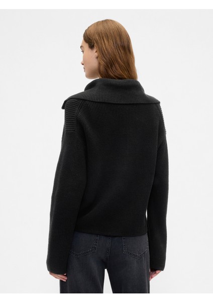 Kadın Siyah Relaxed Çeyrek Fermuarlı Kazak indirimleri