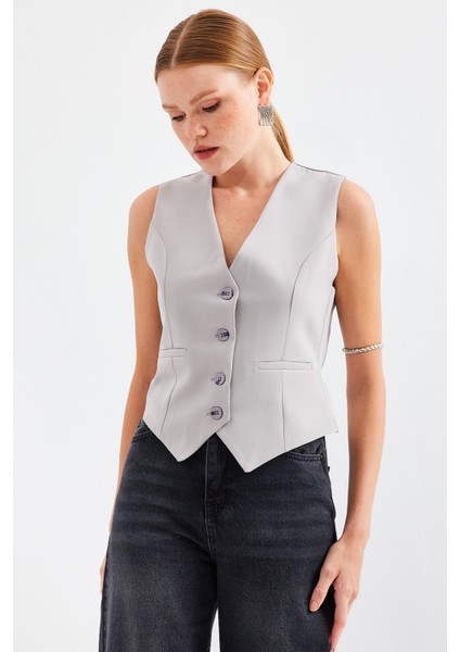 Kadın Bdart Düğmeli V-Yaka Fleto Cepli Yelek Gri fiyatları