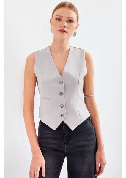 Kadın Bdart Düğmeli V-Yaka Fleto Cepli Yelek Gri fırsatları