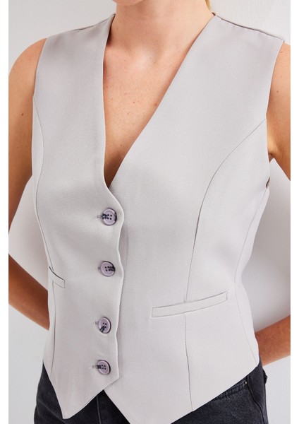 Kadın Bdart Düğmeli V-Yaka Fleto Cepli Yelek Gri indirimleri