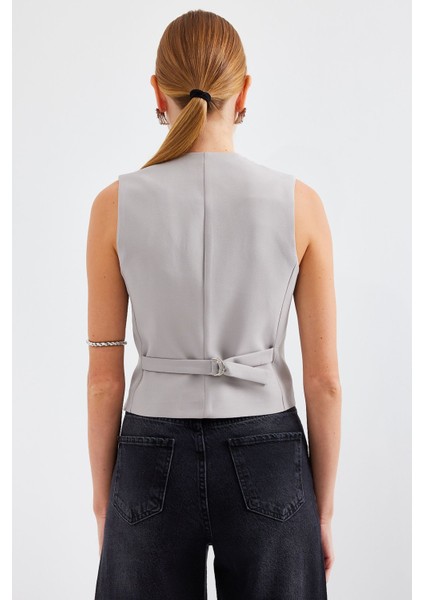Kadın Bdart Düğmeli V-Yaka Fleto Cepli Yelek Gri