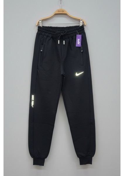 Yansıtıcı Logolu Fermuarlı Cepli Siyah Eşofman Altı