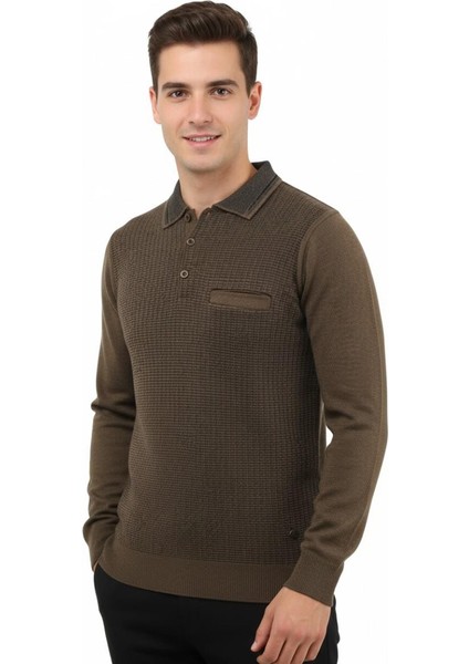 Erkek Polo Yaka Kazak Cepli Çelik Örgü Klasik Kalıp 5205F BGL-ST04850