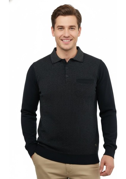 Erkek Polo Yaka Kazak Cepli Çelik Örgü Klasik Kalıp 5205F BGL-ST04850