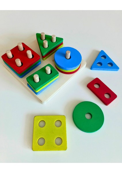 Doğal Ahşap Eğitici Oyuncak Kare 4'lü Sütun Geometrik Şekil