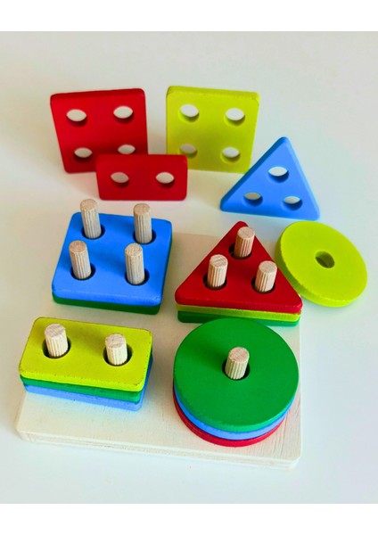 Doğal Ahşap Eğitici Oyuncak Kare 4'lü Sütun Geometrik Şekil