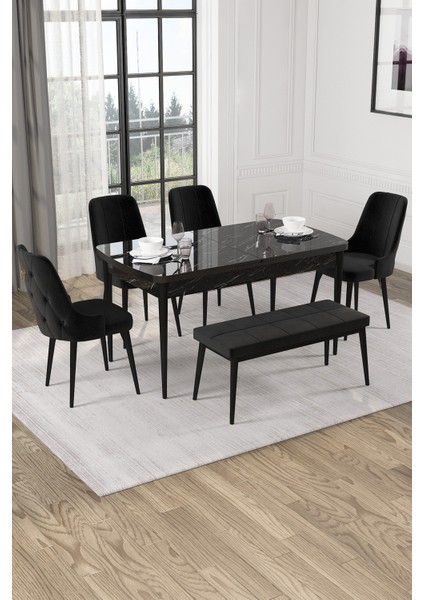 Nice Siyah Mermer Desen 80X132 Açılabilir Mdf Masa Yemek Odası Takımı, Mutfak Takımı 4 Adet Sandalye, 1 Bench