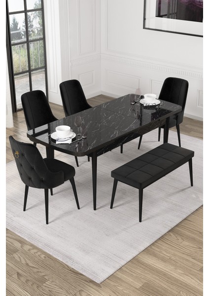 Nice Siyah Mermer Desen 80X132 Açılabilir Mdf Masa Yemek Odası Takımı, Mutfak Takımı 4 Adet Sandalye, 1 Bench fiyatları