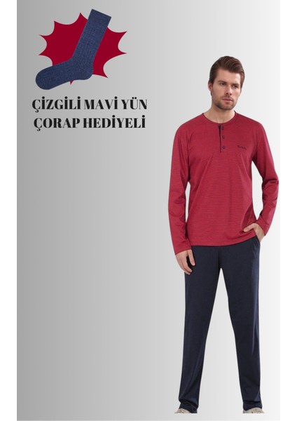 Erkek Bordo Pamuklu Likralı Penye Kutulu Erkek Çizgili Çeyizlik Pijama Takımı QP5K6E5K6R