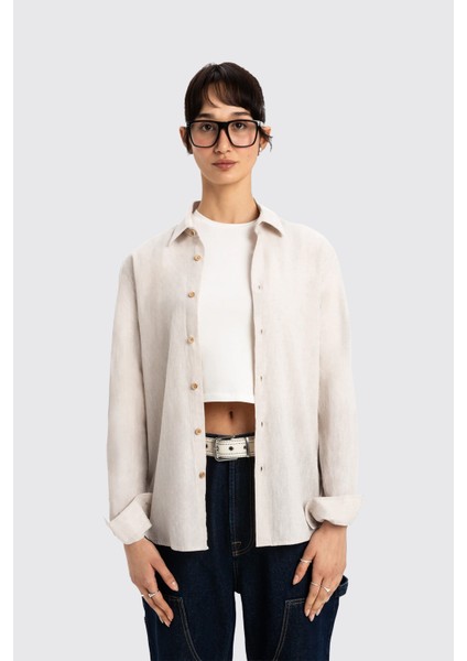 Bej Uzun Kollu Kadın Keten Gömlek